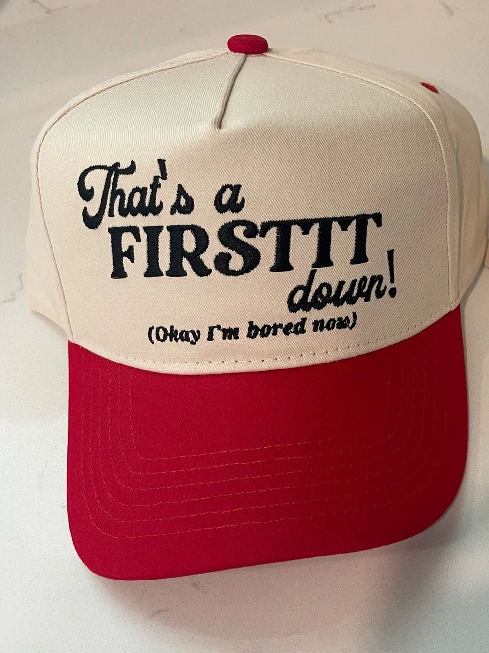 Brand New Never Worn Kenz Customs Two-Tone Red and Cream Cap with Playful Slogan